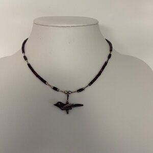Southwestern Sterling Silver Heishi Bead Fetish Carved Jet Bird Necklace Artisan
